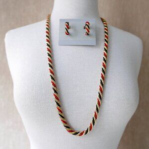 Vintage Red Black & Gold-Tone Rope Necklace & Earrings